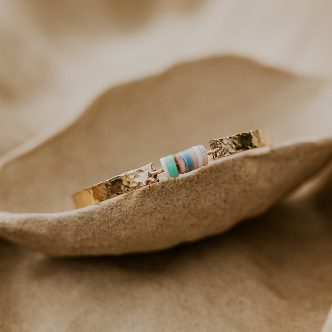 14k gold plated hammered textured bangle with natural stones