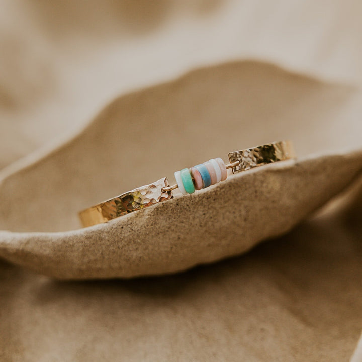 14k gold plated hammered textured bangle with natural stones