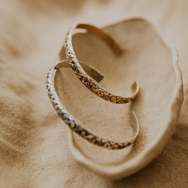 Hawaii inspired floral pattern on silver or gold bracelet