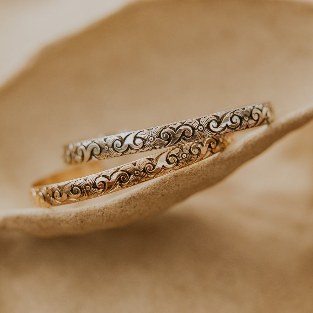 hawaii floral pattern engraved on silver or 14k gold platted bracelet