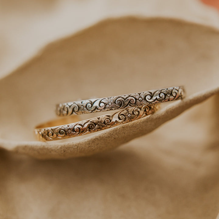 Hawaii floral pattern engraved on silver or 14k gold platted bracelet