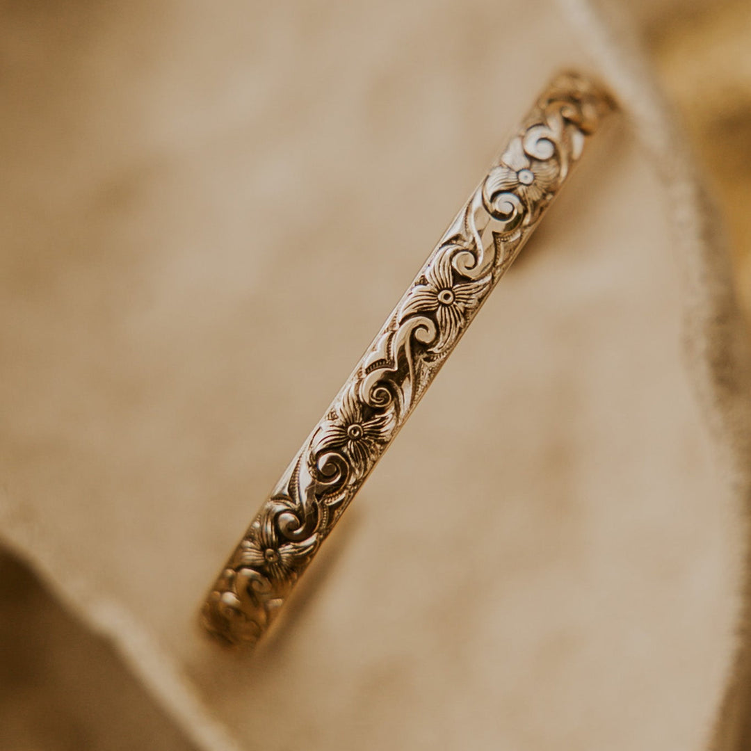 Hawaii floral inspired 14k gold plated textured bracelet