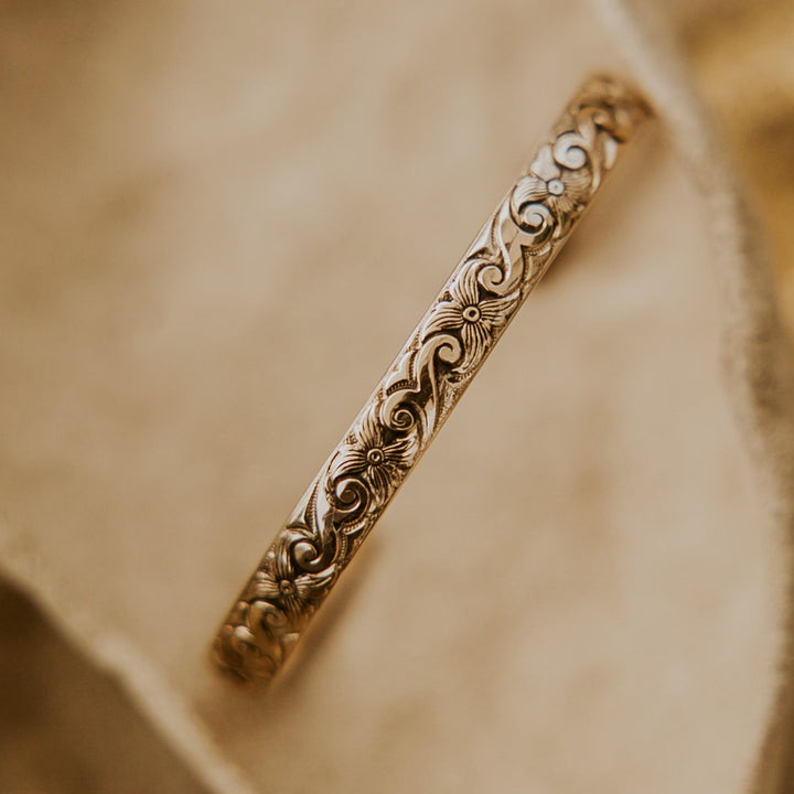 Hawaii floral inspired 14k gold plated textured bracelet