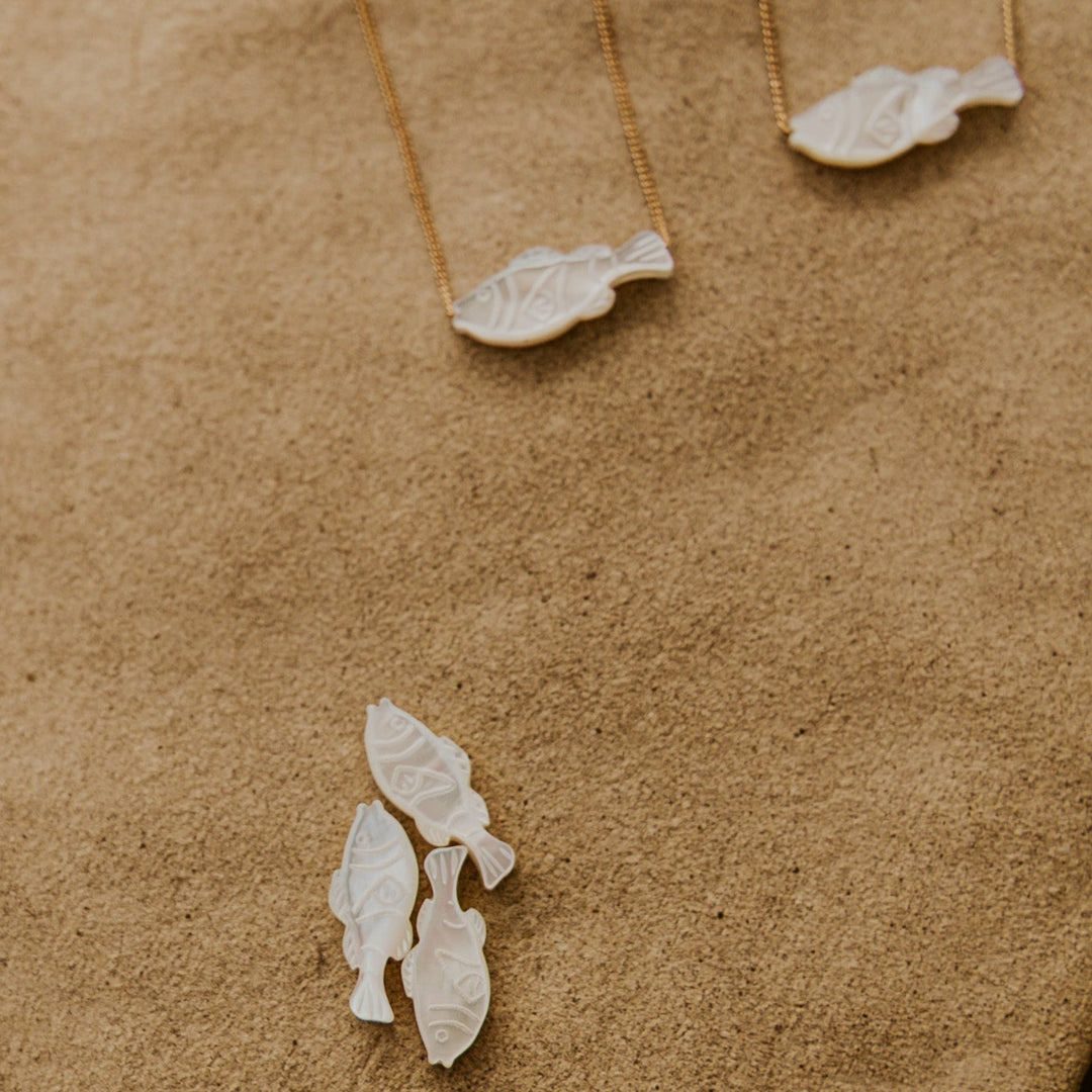 mother of pearl fish pendents on gold chain