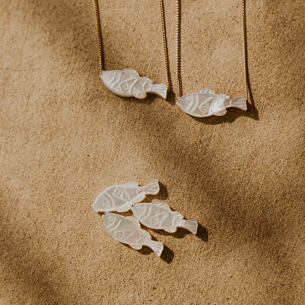 mother of pearl fish pendents on thin gold 14k chain
