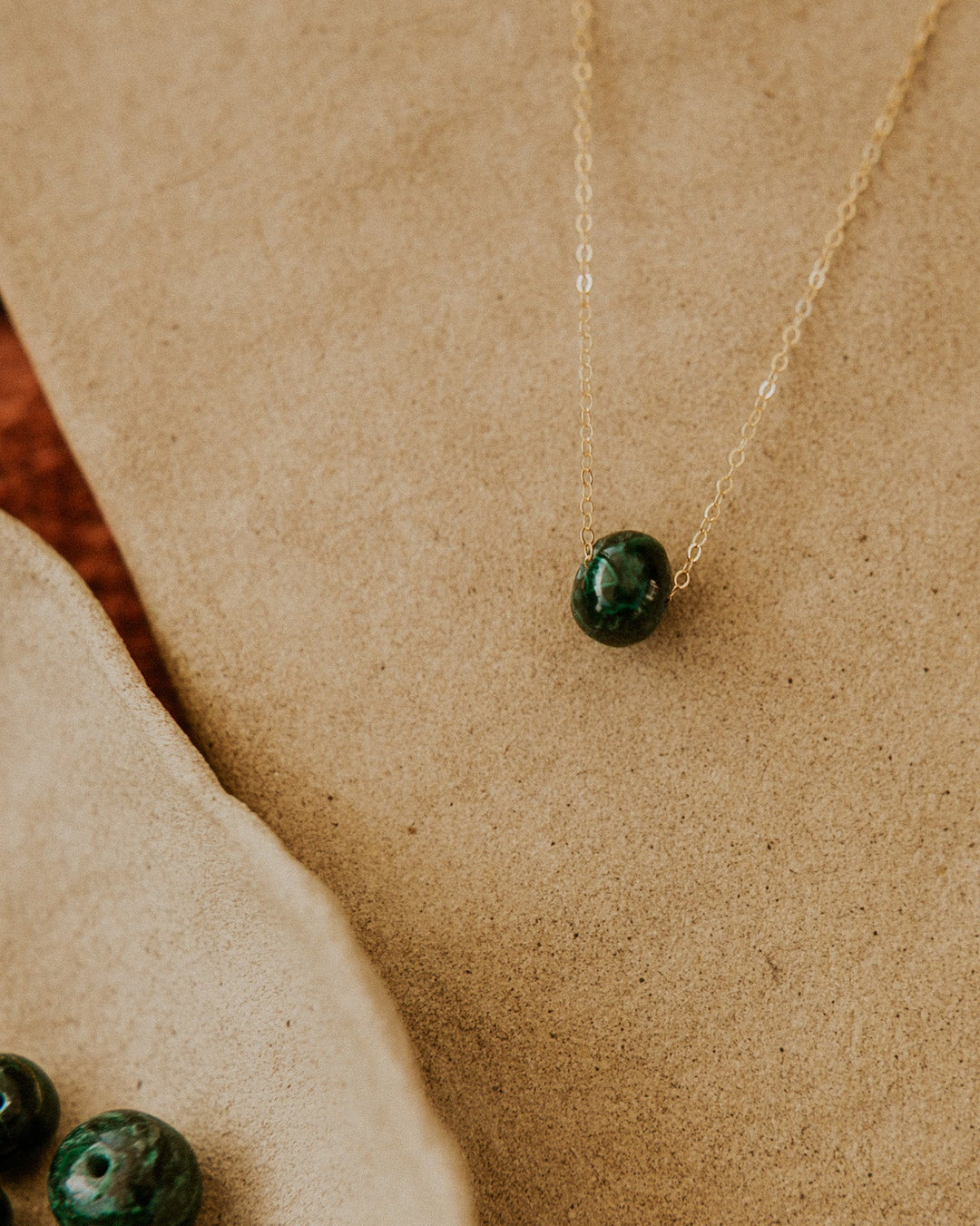 14k gold fill chain with green gemstone bead