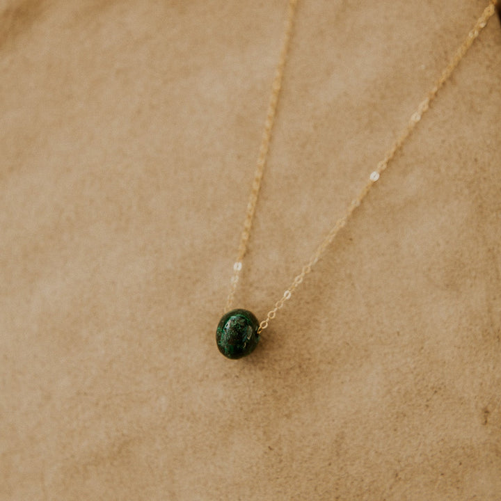 green gemstone bead on 14k gold fill chain necklace