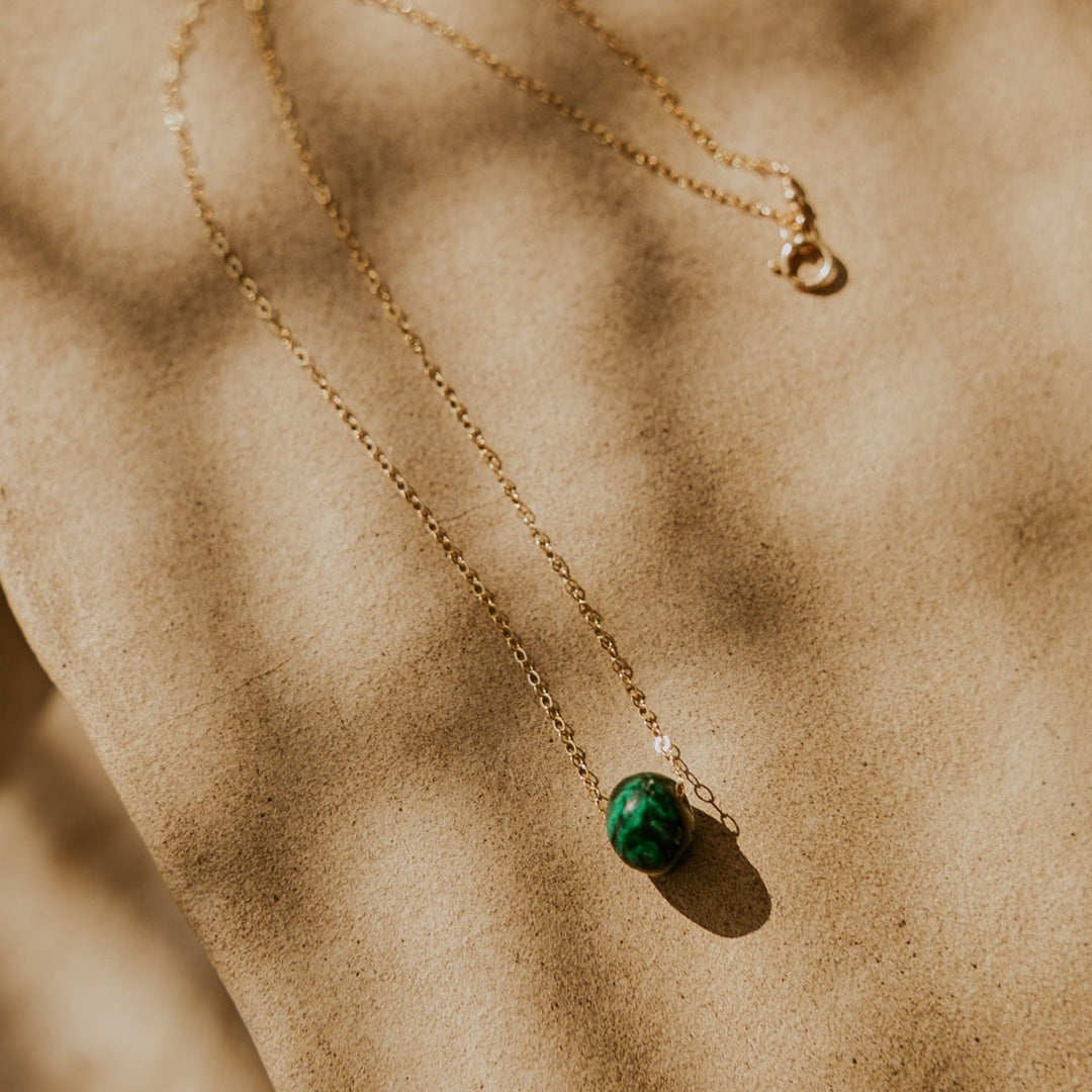 14k gold fill chain necklace with green gemstone bead