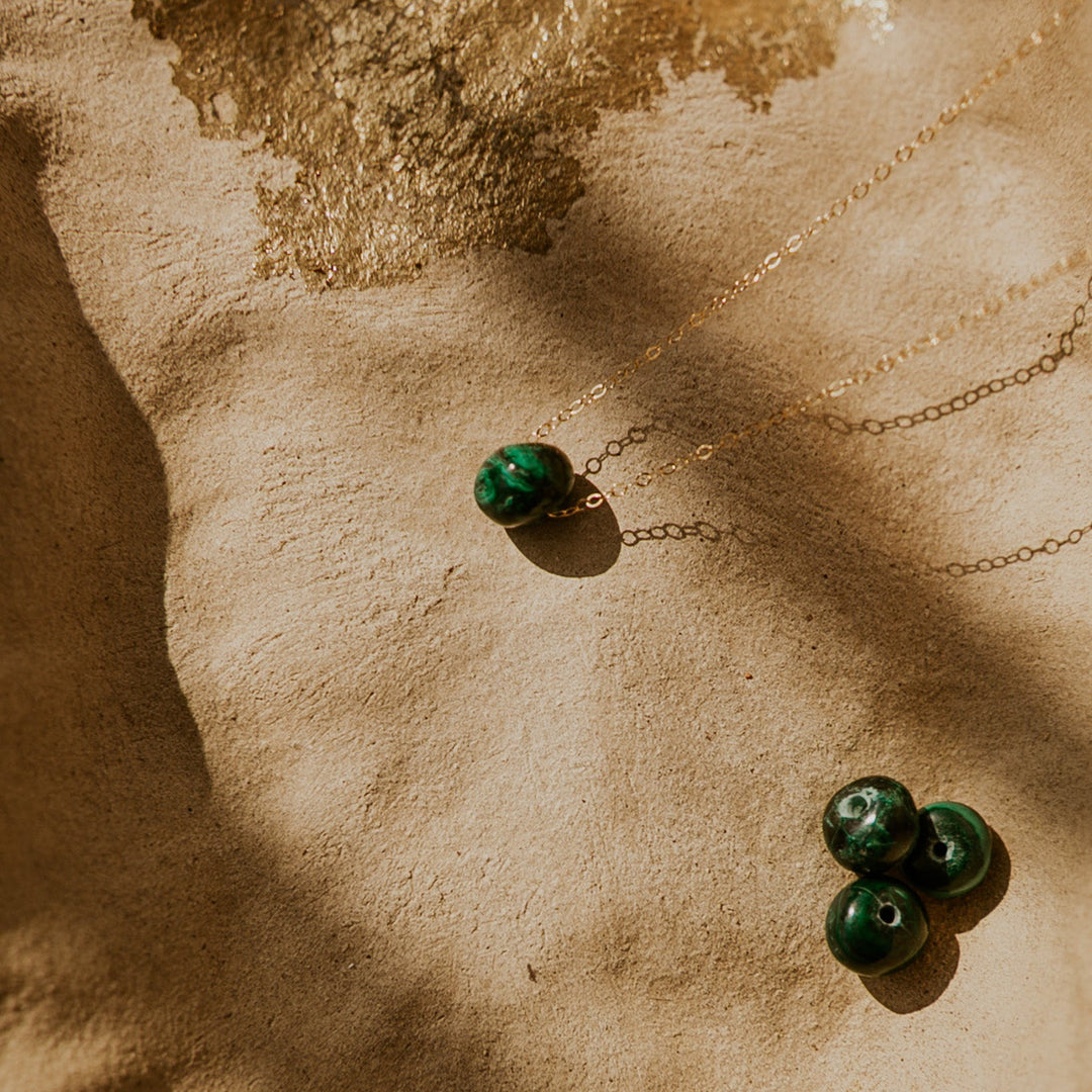 green gemstone bead on delicate 14k gold fill chain