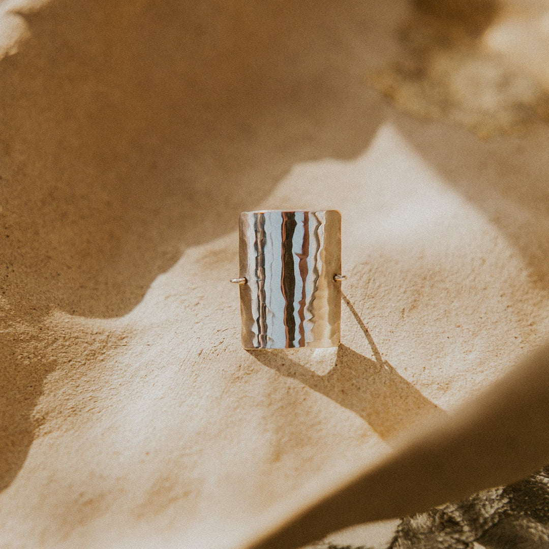 silver rectangular hammered ring