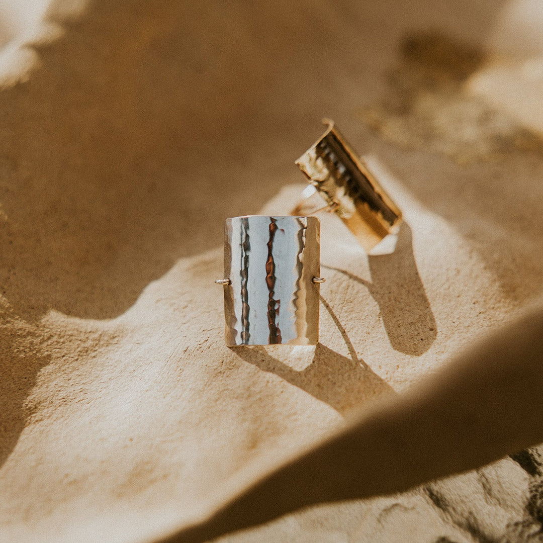 silver rectangle textured ring