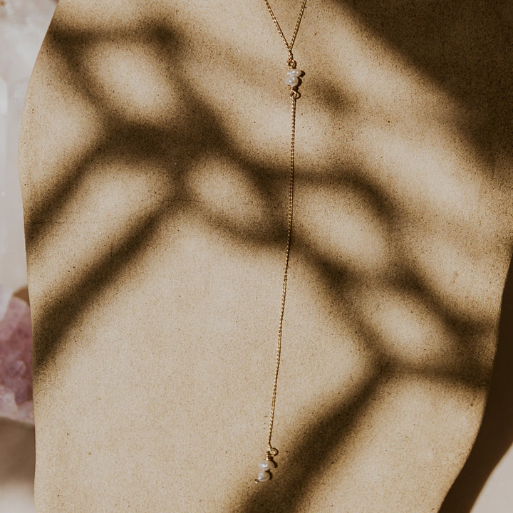 Y shaped necklace with freshwater pears on 14k gold platted chain