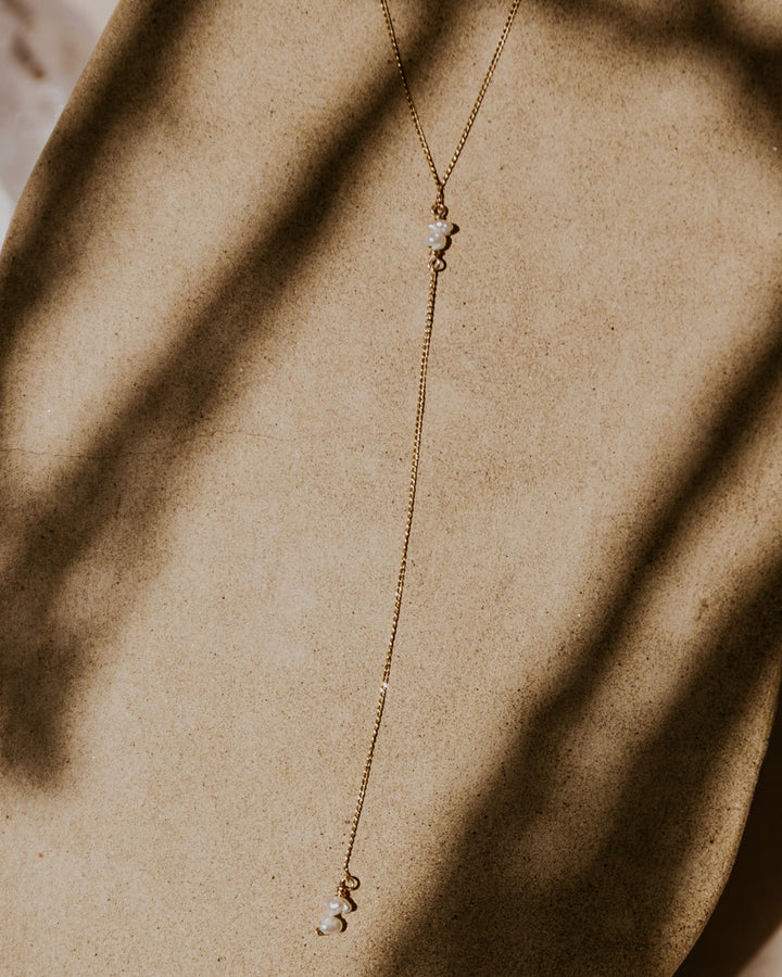 Y shaped necklace with freshwater pears on 14k gold platted chain