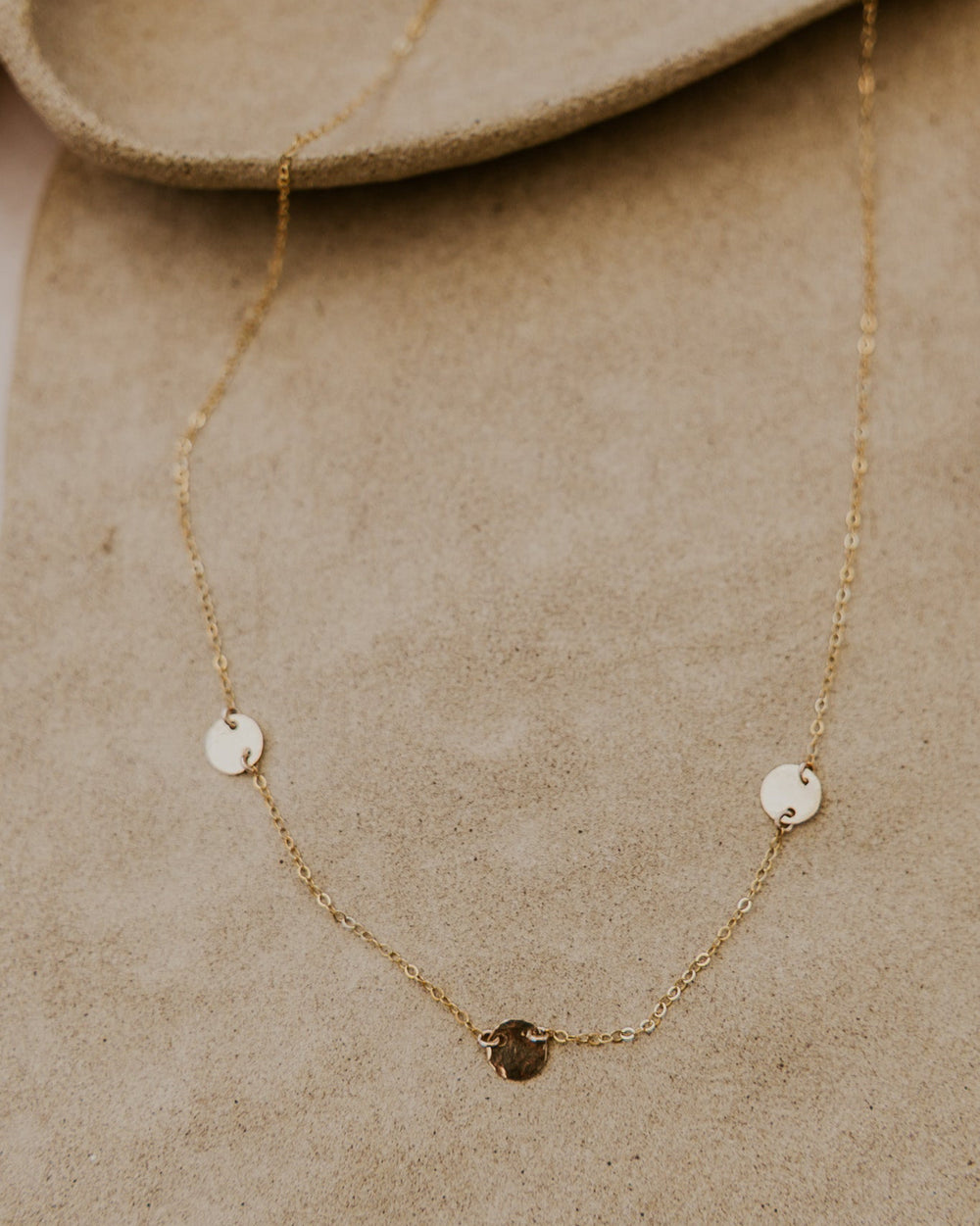 3 gold hammered textured discs connected on delicate fine14k gold fill chain