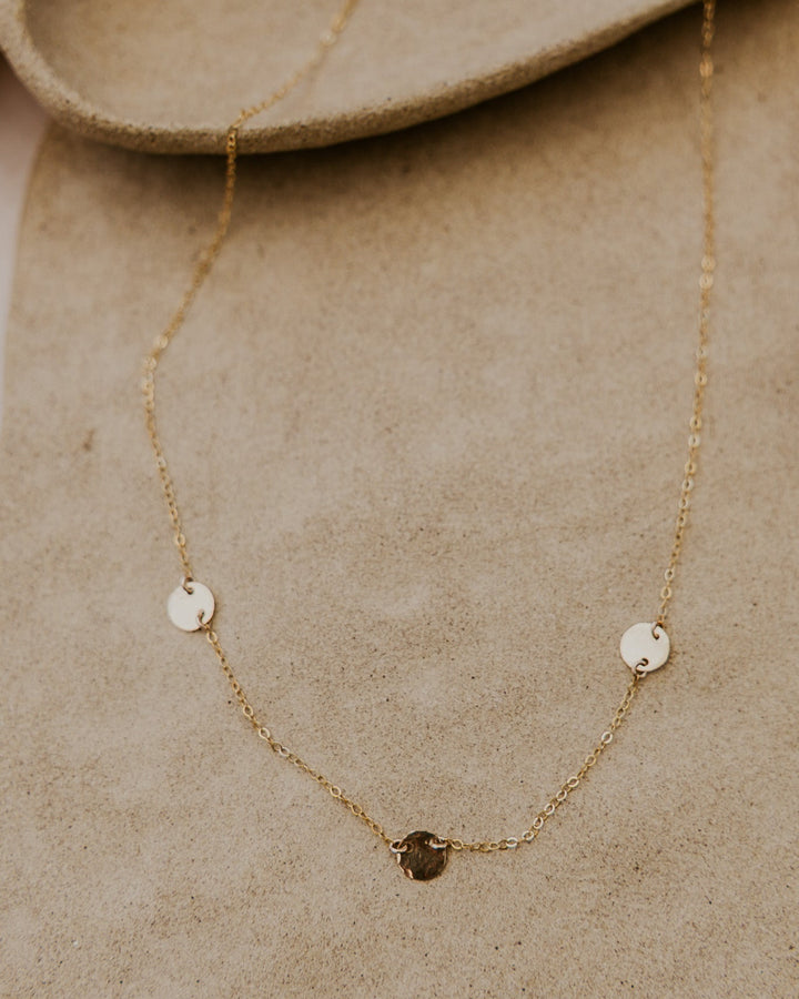 3 gold hammered textured discs connected on delicate fine14k gold fill chain