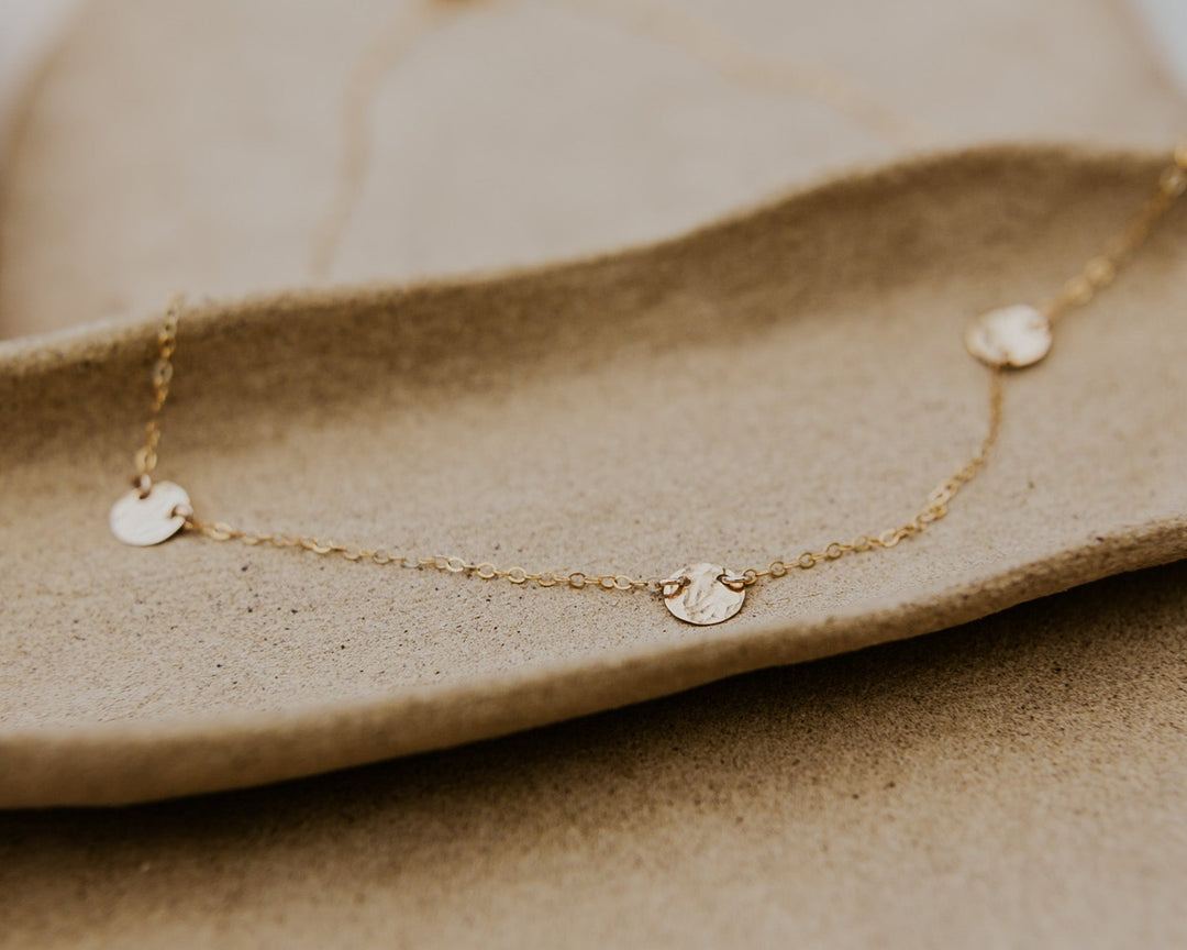 3 gold hammered textured discs connected on delicate fine14k gold fill chain