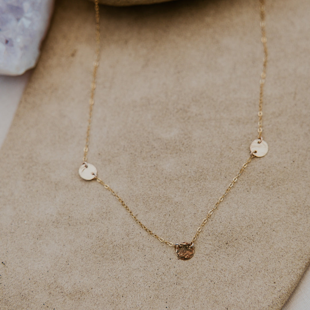 3 gold hammered textured discs connected on delicate fine14k gold fill chain