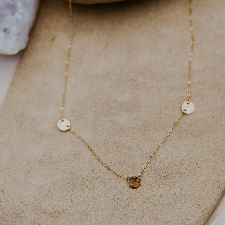 3 gold hammered textured discs connected on delicate fine14k gold fill chain