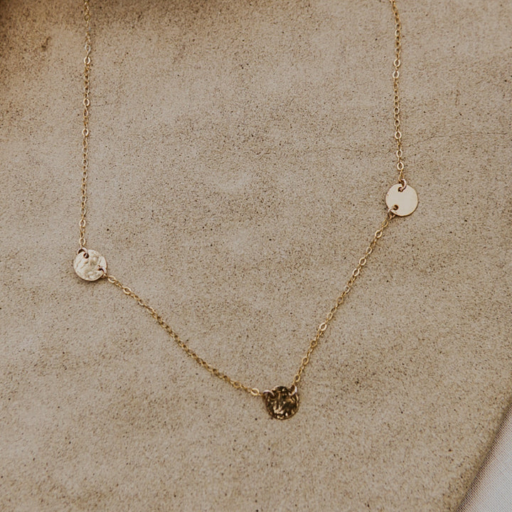 3 gold hammered textured discs connected on delicate fine14k gold fill chain