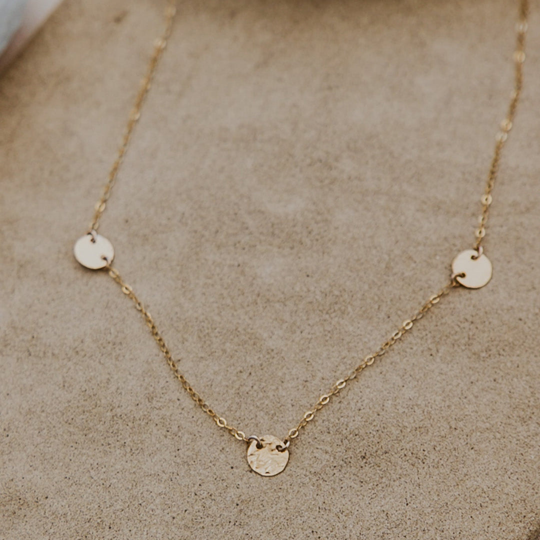 3 gold hammered textured discs connected on delicate fine14k gold fill chain