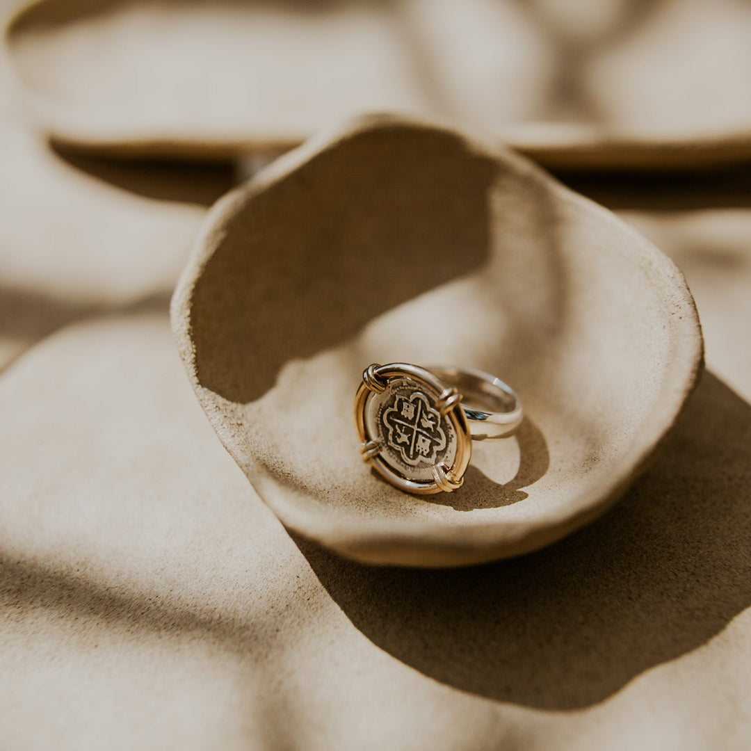 antique silver coin ring with gold 