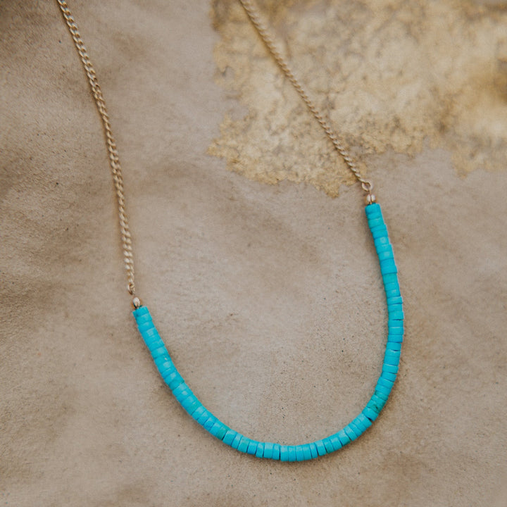 Turquoise beaded necklace on a 14k gold fill chain 