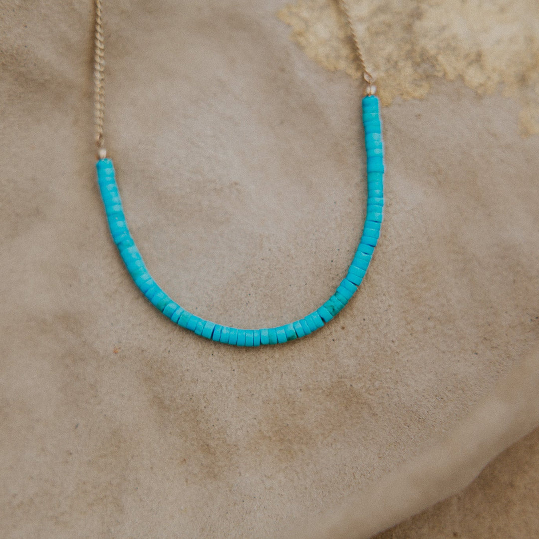 Turquoise beaded necklace on a 14k gold fill chain 