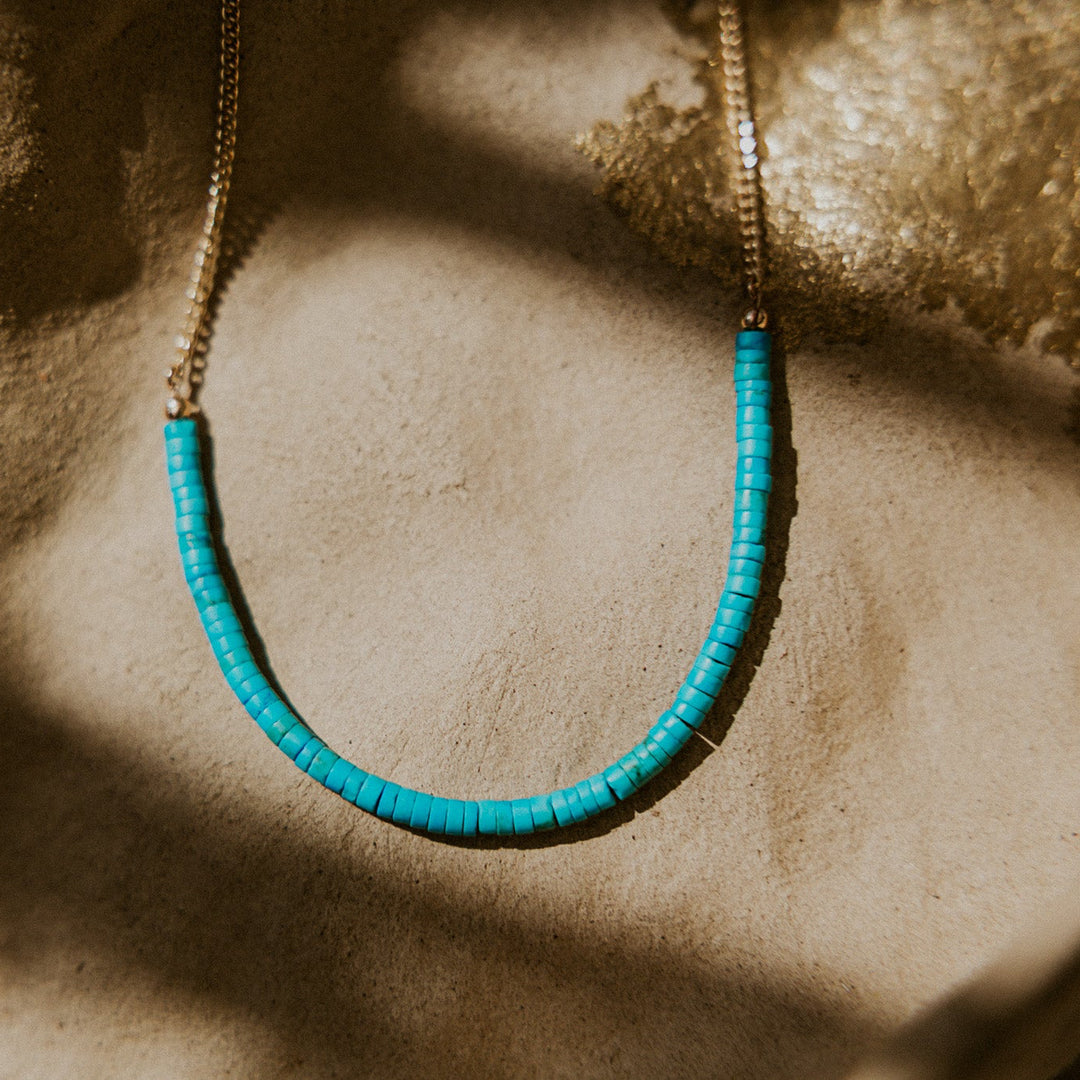 Turquoise beaded necklace on a 14k gold fill chain 