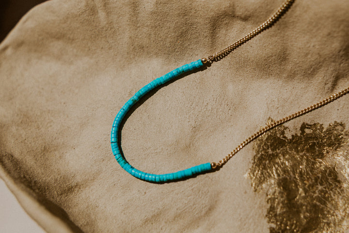 Turquoise beaded necklace on a 14k gold fill chain 