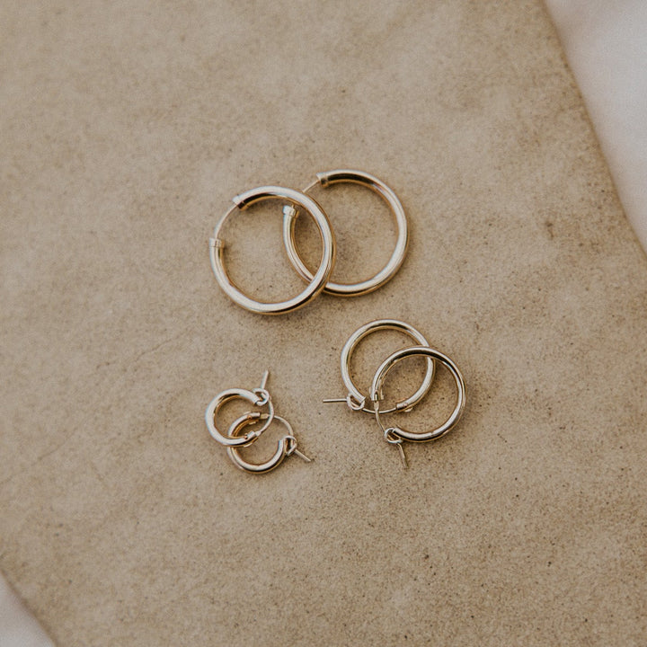 3 different sizes of click hoop 14k gold fill earrings