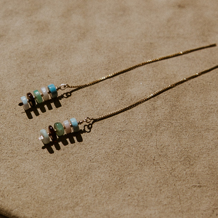 natural colorful gemstones on 14k gold chain earring threader