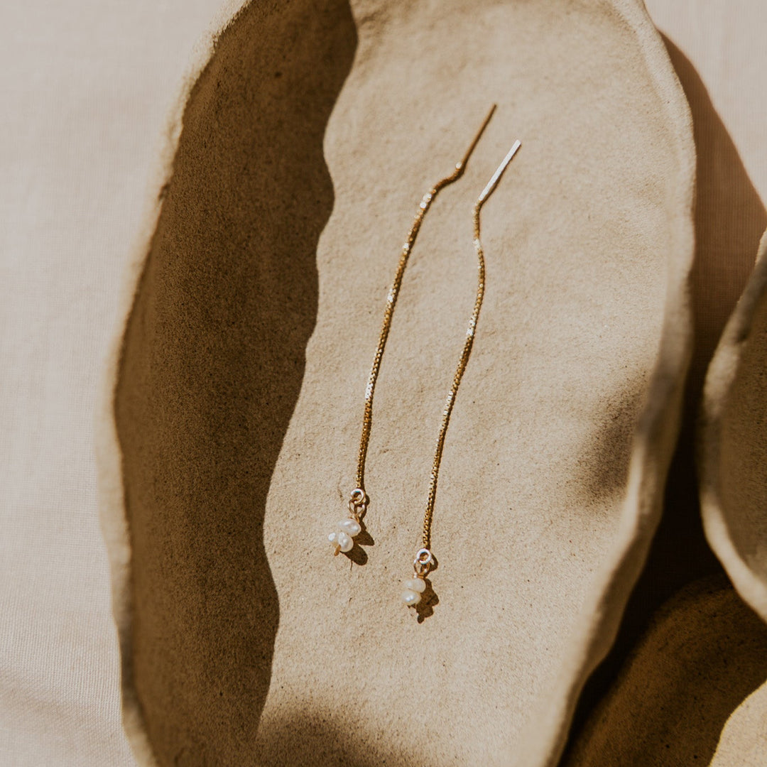 delicate 14k gold fill chain threader earrings with pearls 