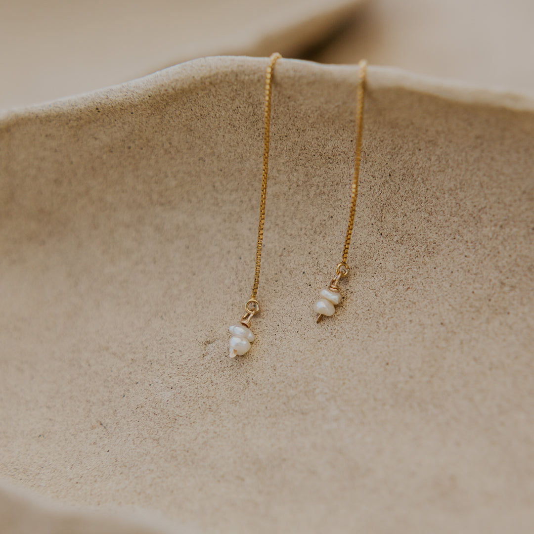 delicate 14k gold fill chain threader earrings with pearls 