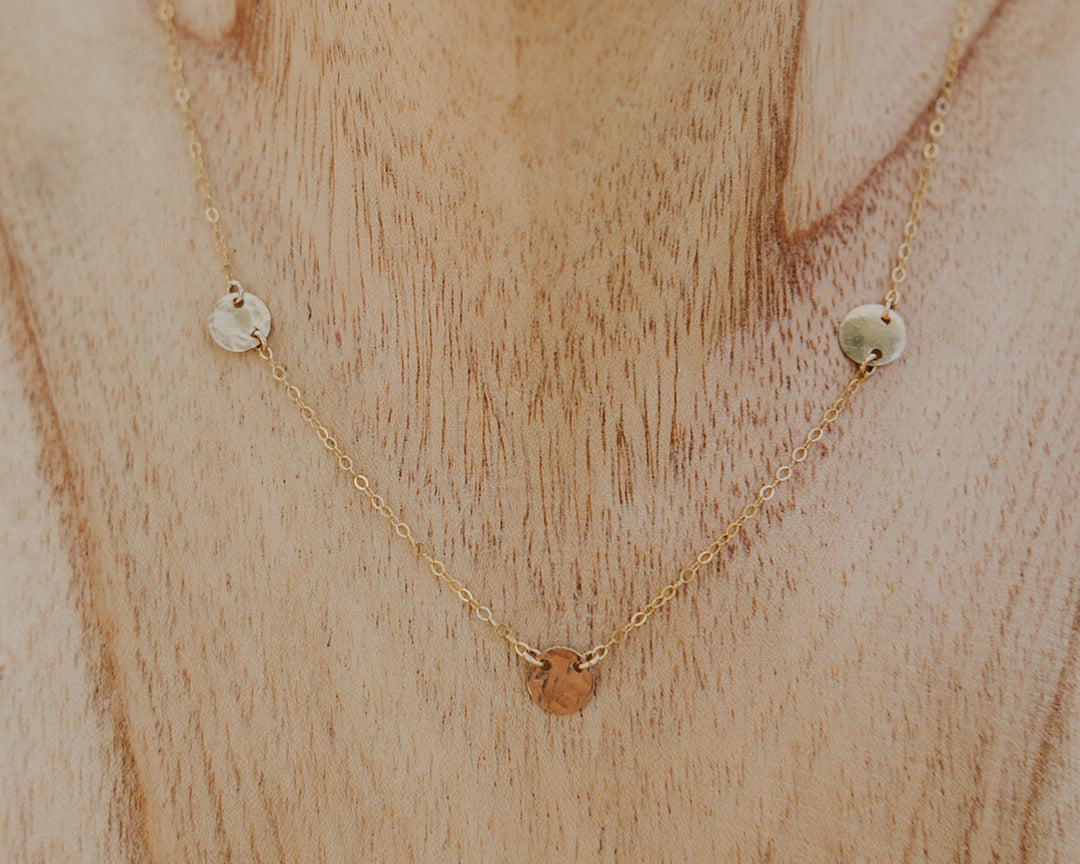 3 gold hammered textured discs connected on delicate fine14k gold fill chain