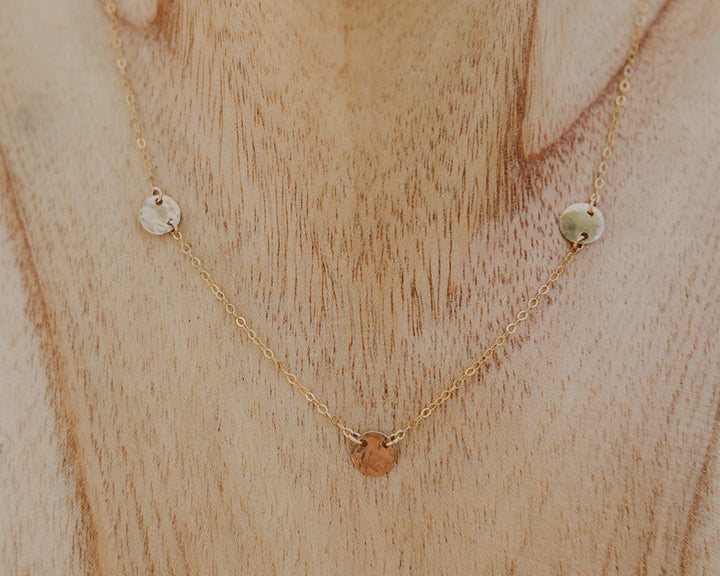 3 gold hammered textured discs connected on delicate fine14k gold fill chain