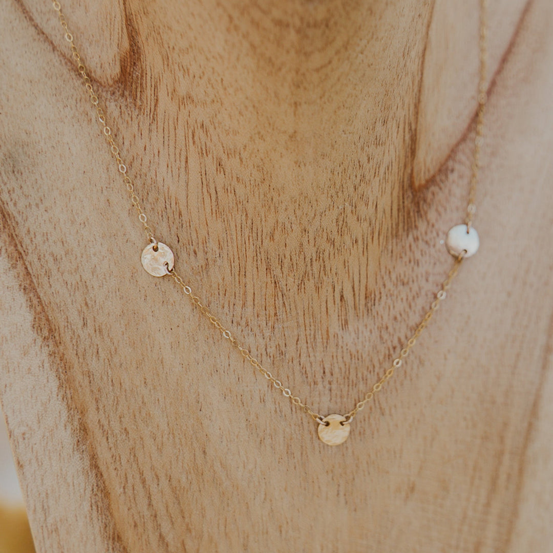 3 gold hammered textured discs connected on delicate fine14k gold fill chain