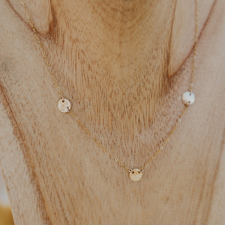 3 gold hammered textured discs connected on delicate fine14k gold fill chain