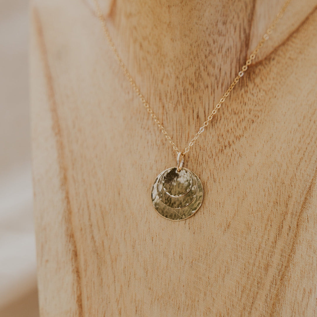 three 14k gold fill disc layered on a 14k gold fill delicate chain that can be personalized.