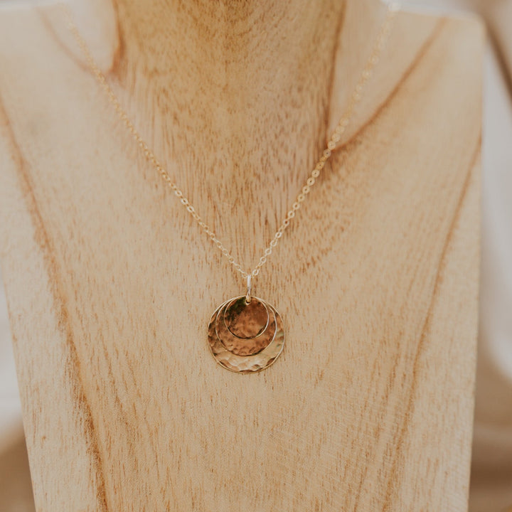 three 14k gold fill disc layered on a 14k gold fill delicate chain that can be personalized.