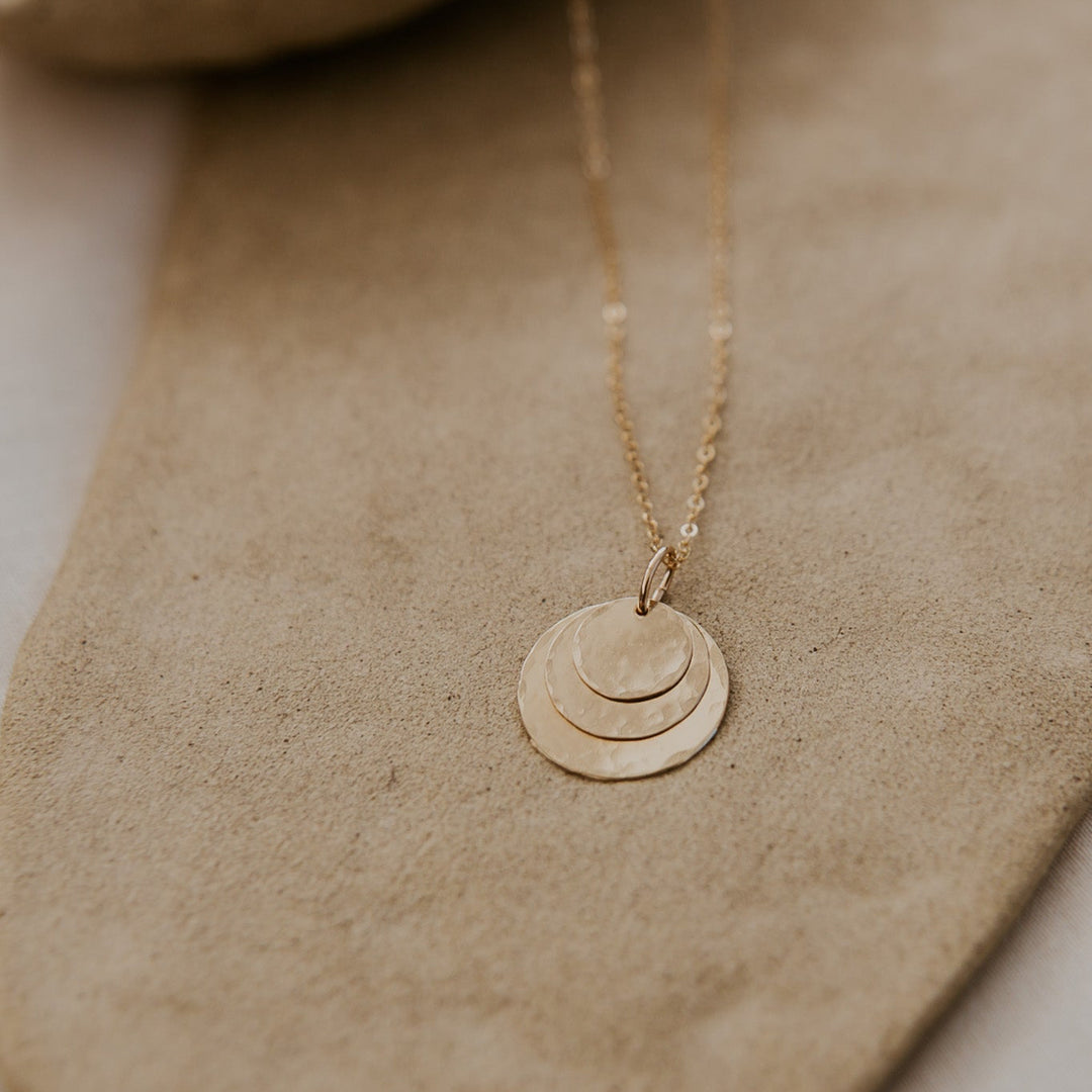 three 14k gold fill disc layered on a 14k gold fill delicate chain that can be personalized.