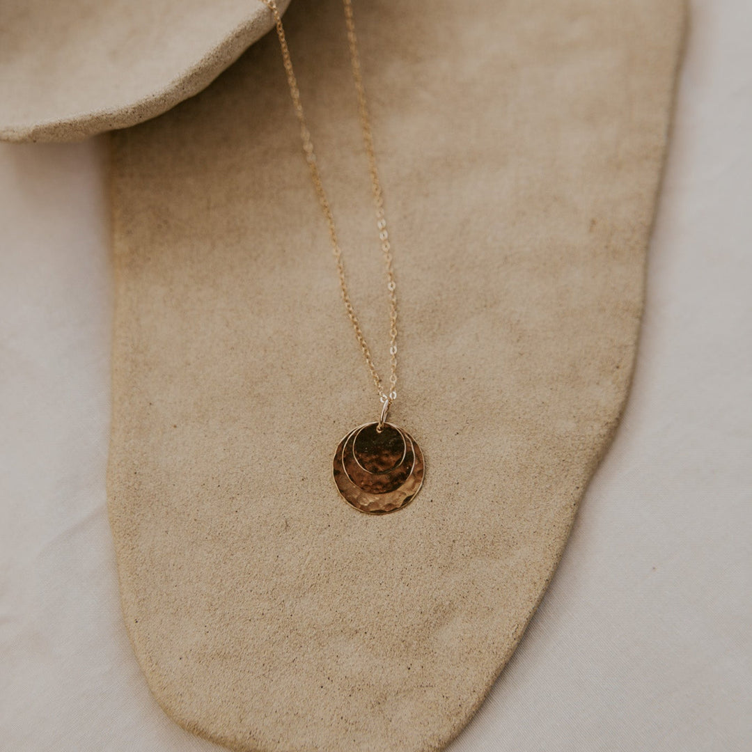 three 14k gold fill disc layered on a 14k gold fill delicate chain that can be personalized.