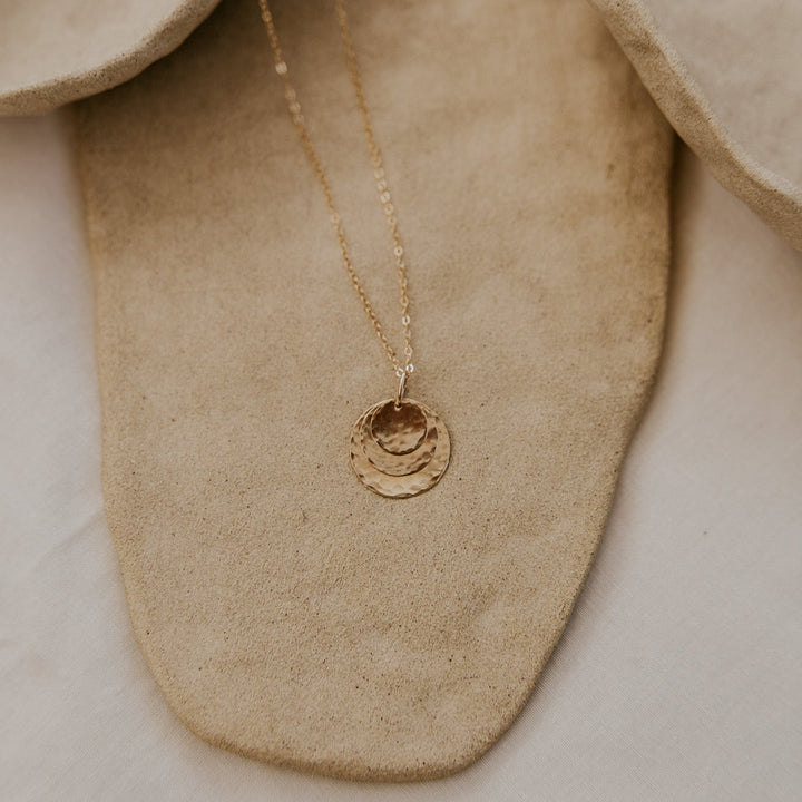three 14k gold fill disc layered on a 14k gold fill delicate chain that can be personalized.