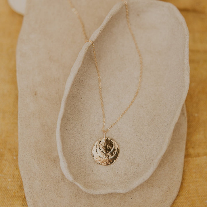 three 14k gold fill disc layered on a 14k gold fill delicate chain that can be personalized.