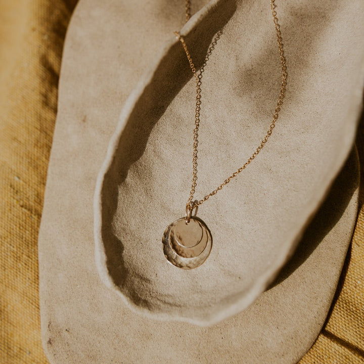 three 14k gold fill disc layered on a 14k gold fill delicate chain that can be personalized.