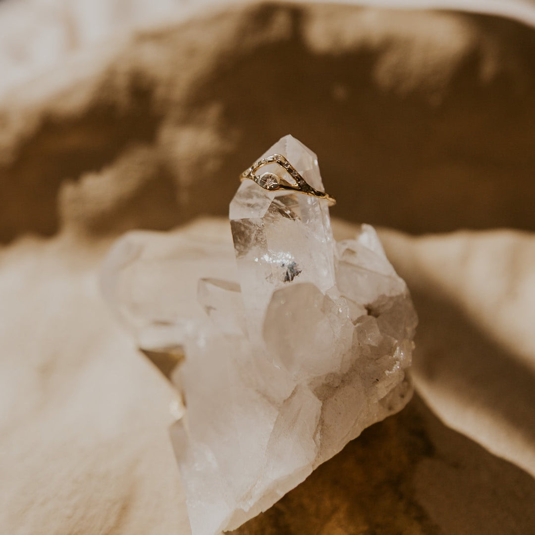 Crystal with a ring on top of it against a blurred natural background