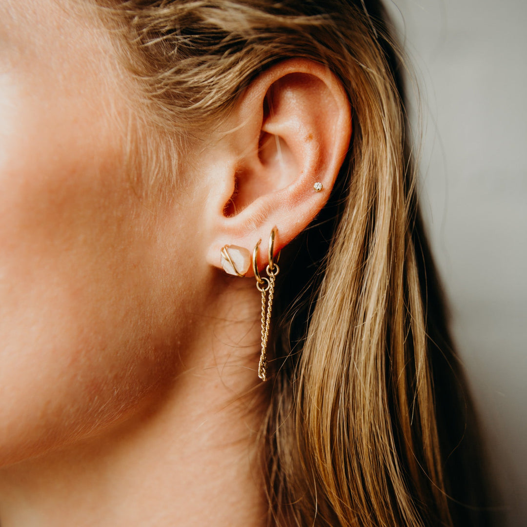 Close-up of an ear with a gold earring against a neutral background