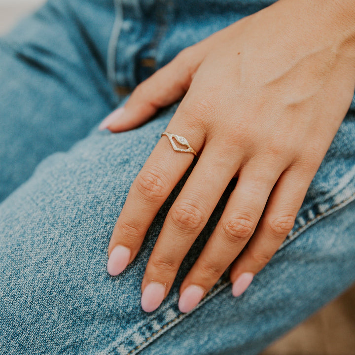 Hand wearing a ring on a blue denim background