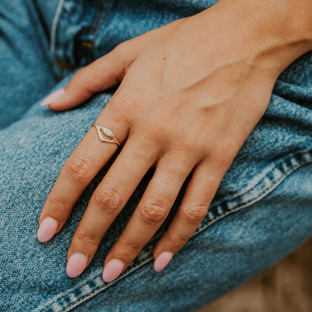 Hand with a gold ring on a denim background