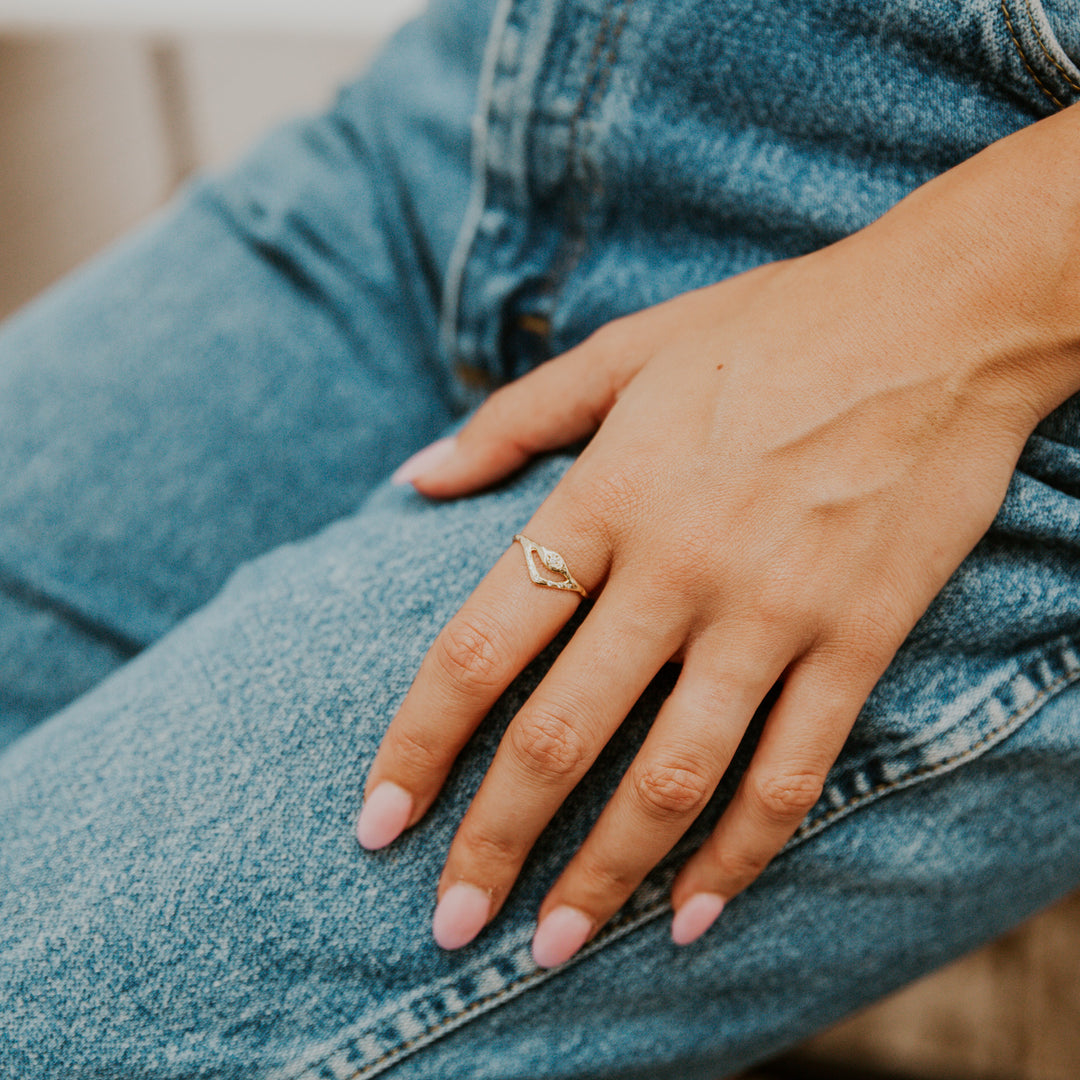 Hand wearing a ring on a denim surface