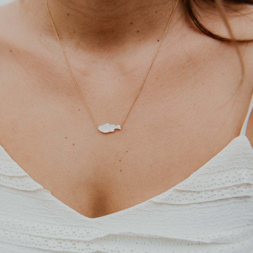 Person wearing a delicate necklace with a small pendant on a plain background